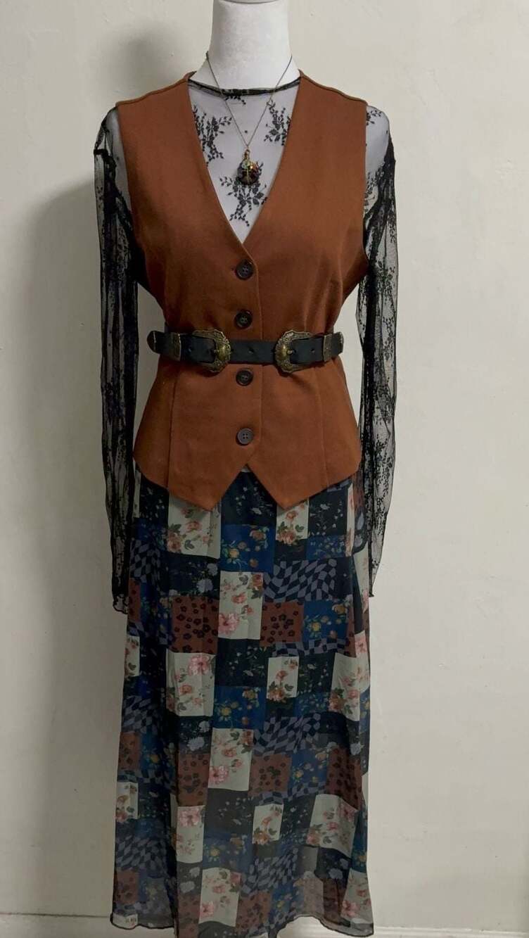 90s Boho Patchwork Print Mesh A-Line Skirt Dark Academia Whimsigoth Grunge Y2K